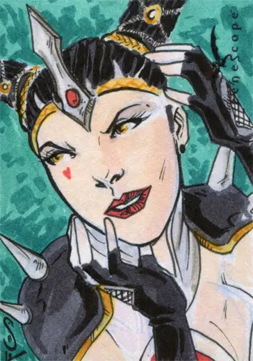 Stylized portrait of a woman in intricate makeup and headpiece on a Jason Sobol sketch card