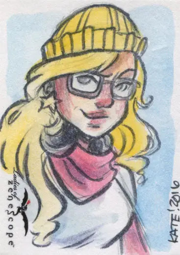 Colorful illustration of a person in glasses and yellow hat on Kate Carleton sketch card