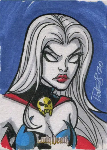 Stylized portrait of a woman with white hair and skull brooch on Dave Beaty sketch card