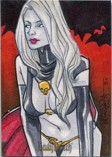 Stylized illustration of Lady Death Goddess in dark outfit on Leon Braojos sketch card