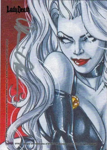 Stylized portrait of a woman with white hair and red lips on Brian Pulido Tim Seeley Autograph Card