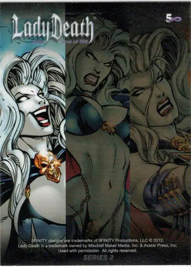 Lady Death Series 2 promo card featuring a provocative female character with white hair
