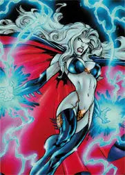 Stylized female superhero with white hair in electric blue energy - Lady Death Chase Card