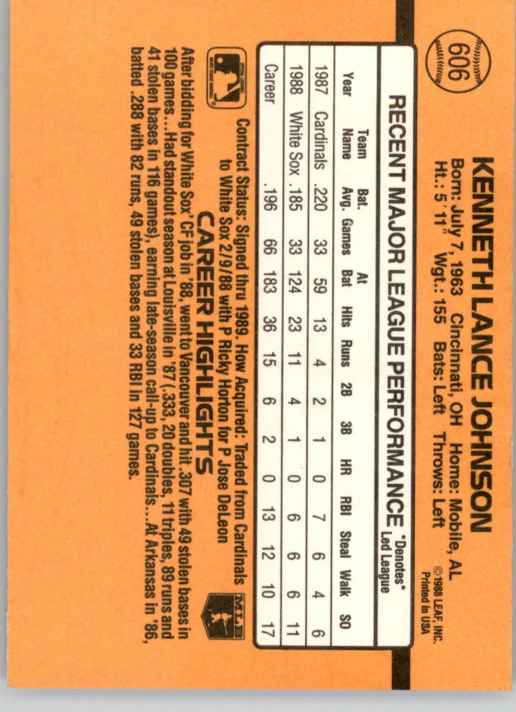 Lance Johnson - 1989 Donruss - #606 - Baseball - Baseball Card Single