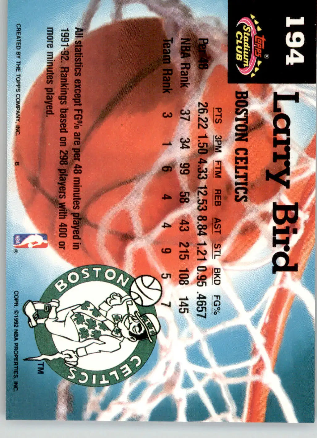 Larry Bird - 1992-93 Stadium Club - #194a - Members Only Basketball - Basketball Card Single
