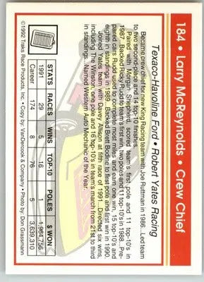 Larry McReynolds - 1992 Traks - #184 - Racing - Racing Card Single