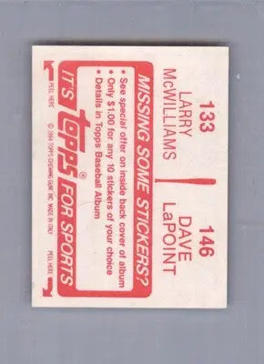 Larry McWilliams / Dave LaPoint - 1984 Topps Stickers - #133 / 146 - Baseball - Baseball Card Single