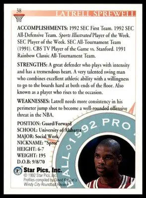 Latrell Sprewell 1992 Star Pics #38 Alabama Crimson Tide - Basketball Card Single