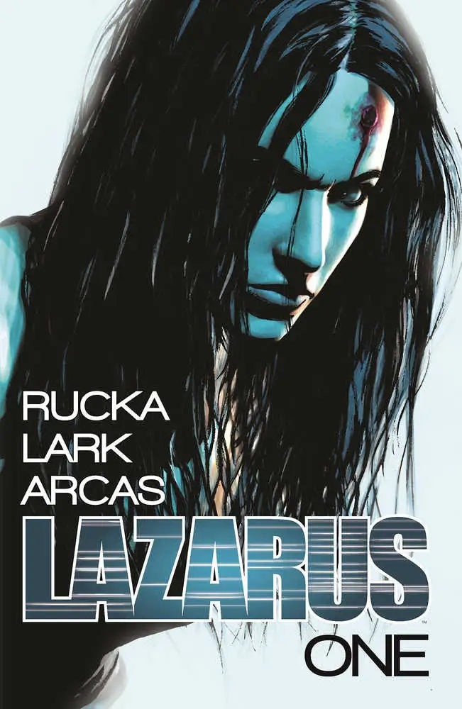 Comic book cover of Lazarus TPB Volume 01 featuring Forever Carlyle and four issues