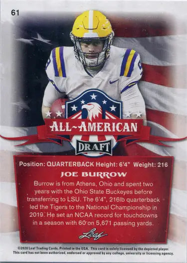 Football player in a white jersey with yellow helmet on Leaf Draft Football base card