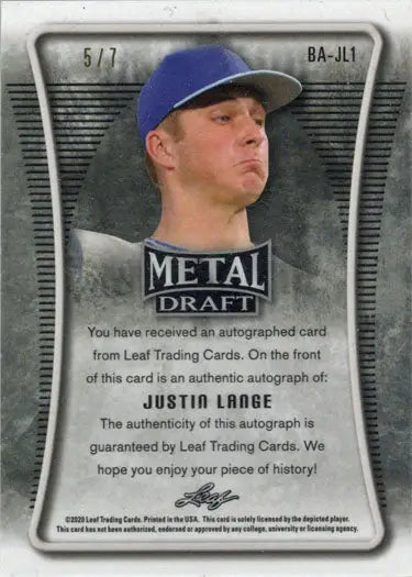 Baseball trading card of Justin Lange in blue cap from Leaf Metal Draft Purple Mojo