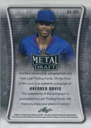 Baseball trading card of Brennen Davis in blue uniform featuring Silver Wave Autograph