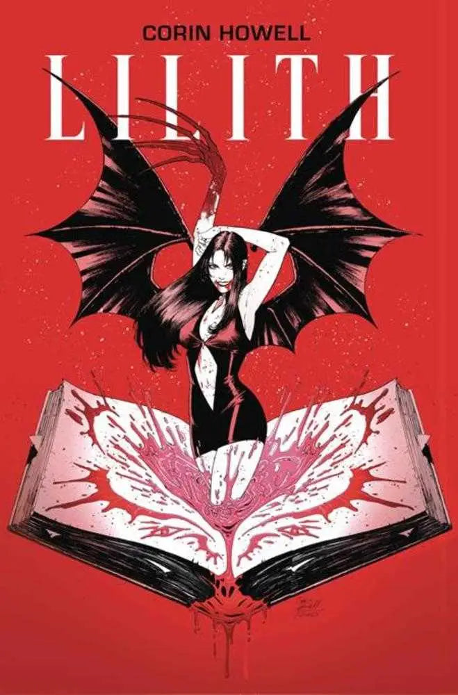 Comic book cover featuring a vampiric woman with bat wings emerging from a bloody book for Lilith TPB Volume 01