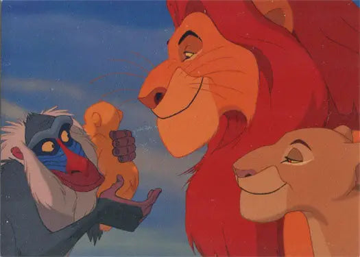 Animated scene from Disney’s Lion King featuring Simba, Mufasa, and Rafiki on promo card