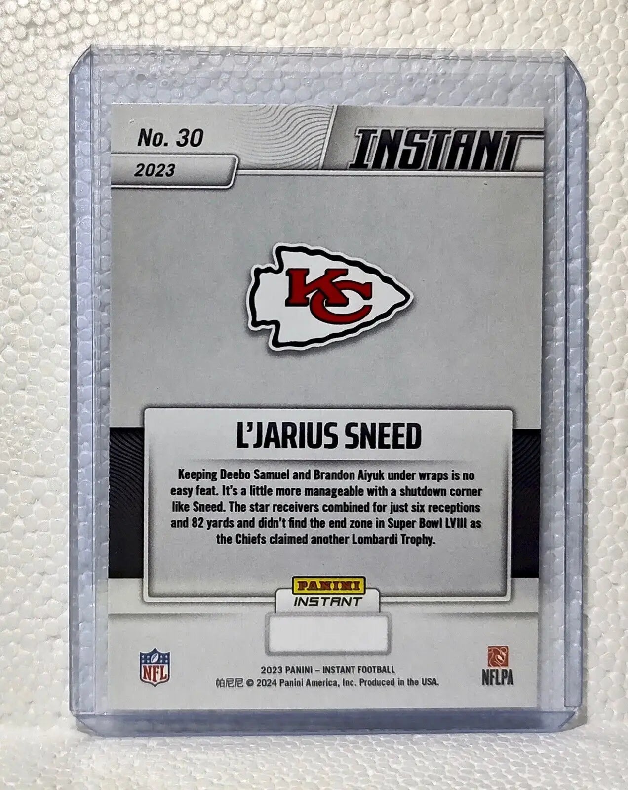 L’Jarius Sneed 2023 Panini NFL Superbowl Champions #30 Card Kansas City Chiefs