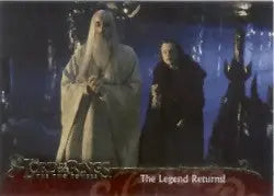Tall figure in white robes with a dark-robed companion on Lord of the Rings promo card