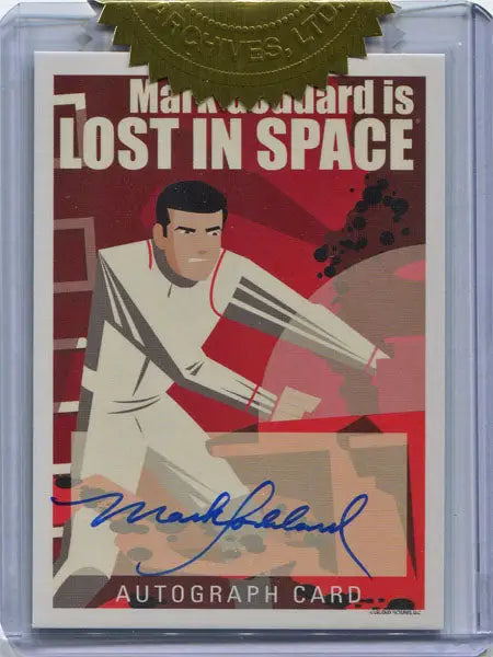 Autographed trading card of Mark Goddard in Lost in Space character art autograph