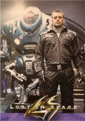 Man in brown leather jacket next to futuristic robot on Lost in Space promo card