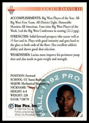 Lucius Davis 1992 Star Pics #25 UC Santa Barbara Gauchos - Basketball Card Single