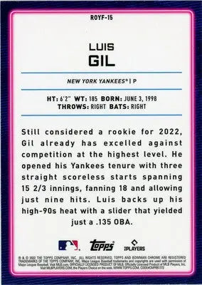 Luis Gil 2022 Bowman Rookie of the Year Favorites #ROYF-15 New York Yankees - Baseball Card Single