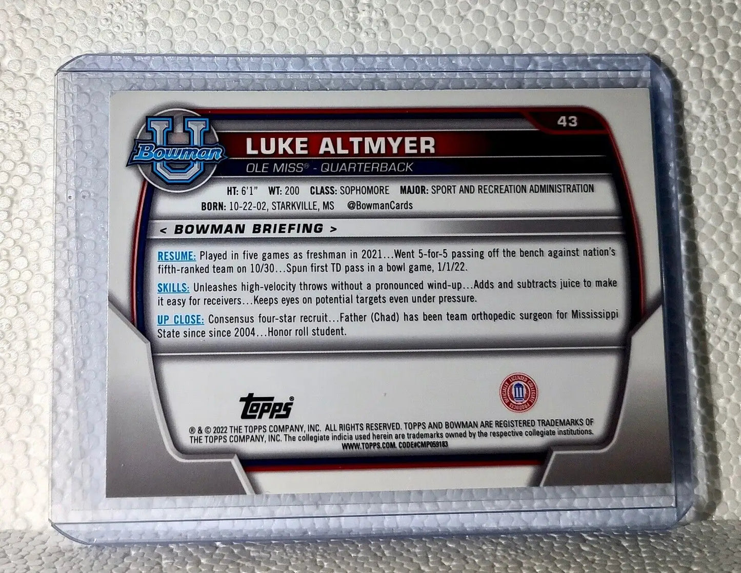 Luke Altmyer 2022 Topps 1st Bowman U Football #43 Card Ole Miss