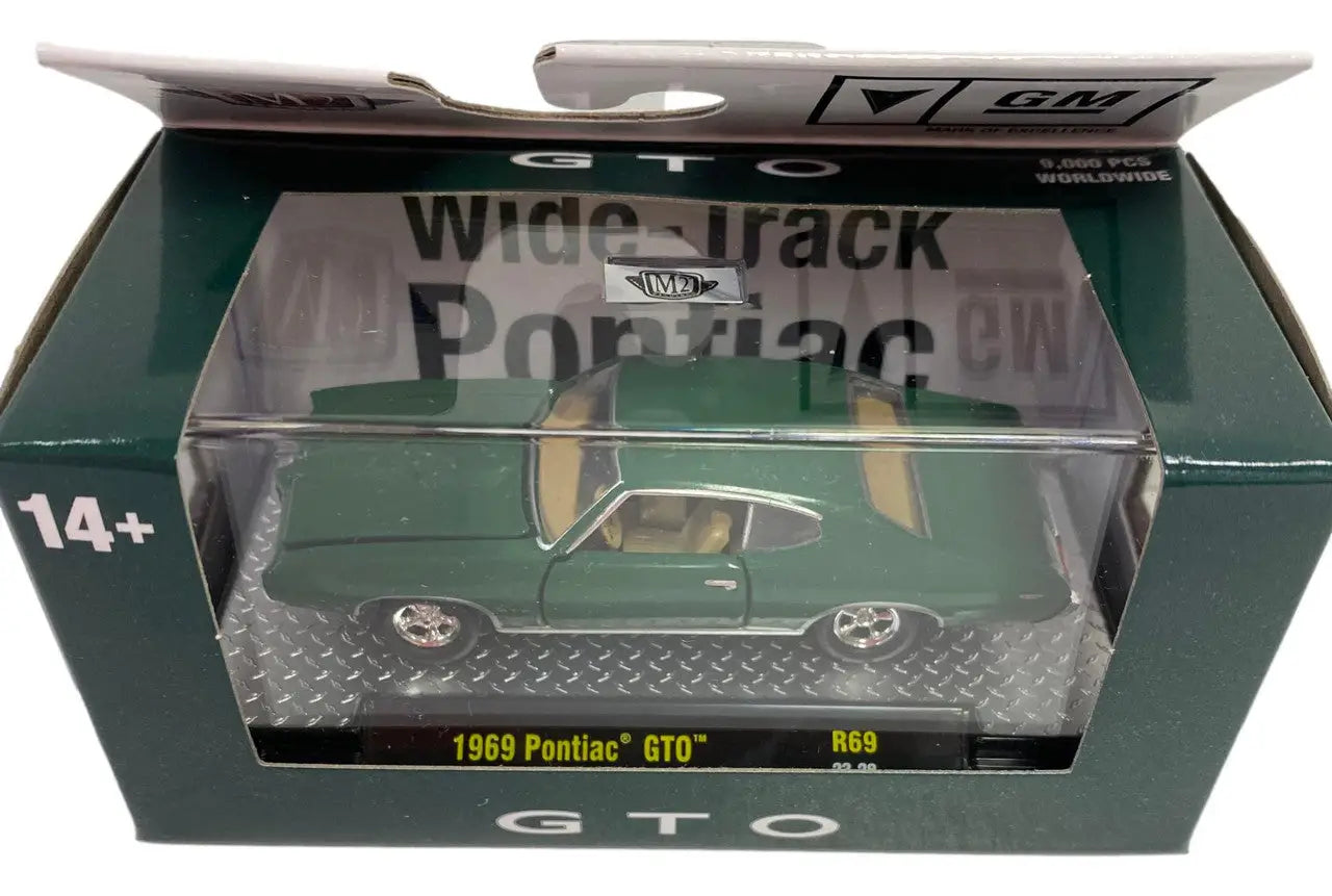 Die-cast model of a green 1969 Pontiac GTO in box for Pontiac GTO Release 69