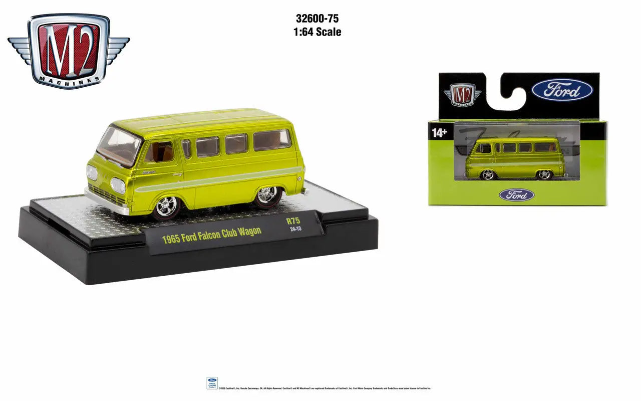 Yellow and white vintage Ford Falcon Club Wagon in packaging by M2 Machines Club Wagon Release