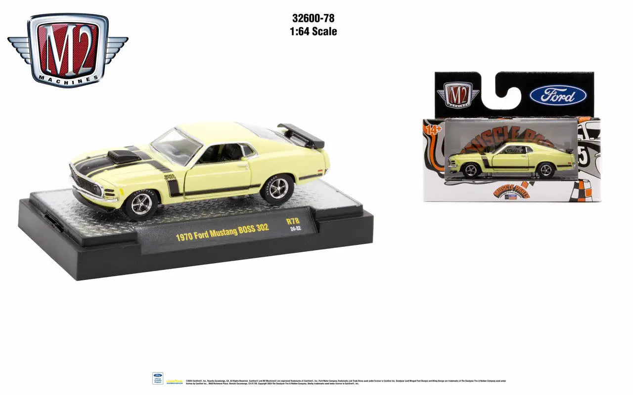 Yellow 1970 Ford Mustang BOSS 302 die-cast model from M2 Machines Auto Authentic series