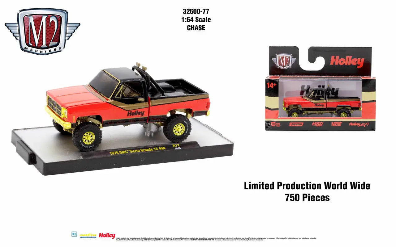 Red and black 1970 Chevrolet C10 with yellow wheels, part of Auto Authentic GMC Sierra