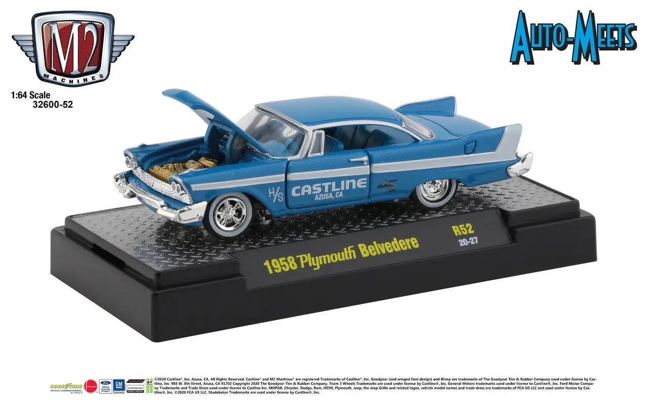 Die-cast model of blue 1958 Plymouth Belvedere from M2 Machines Auto Meets Release