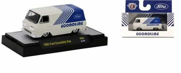 White and blue Ford Econoline Van featuring Econo-Line branding in M2 Machines Auto Trucks