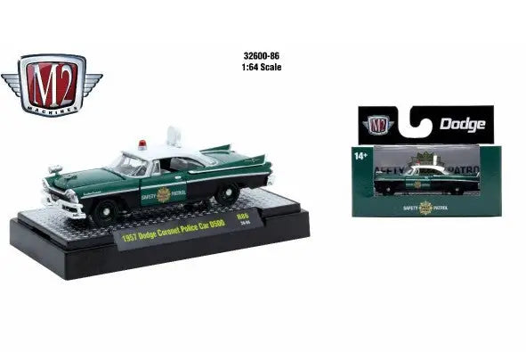 Green and white 1957 Dodge Coronet Police Car diecast model from M2 Machines Detroit Muscle R86