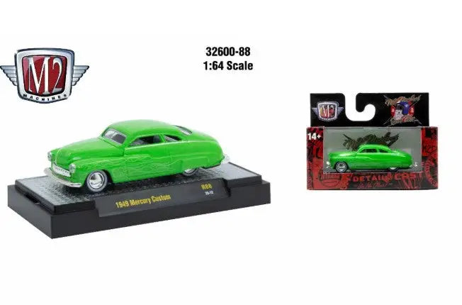 Bright green Detroit Muscle R88 1949 Mercury Custom die-cast model with display base