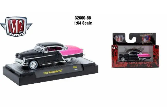 Black and pink 1953 Oldsmobile 98 die-cast model from Detroit Muscle R88 collection