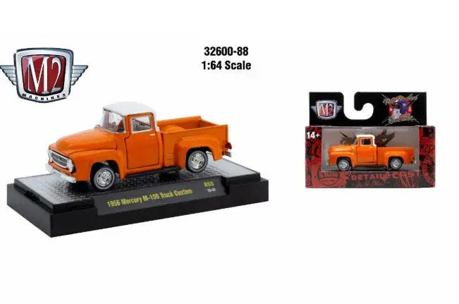 Orange and white Detroit Muscle R88 1956 Mercury M-100 truck custom model on display