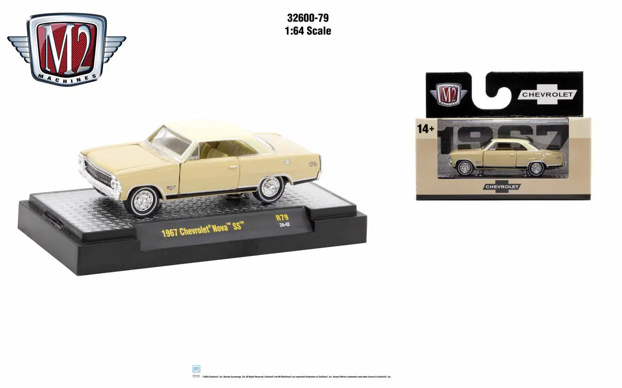 Cream-colored 1967 Chevrolet Nova SS die-cast model in retail packaging, Detroit Muscle Release