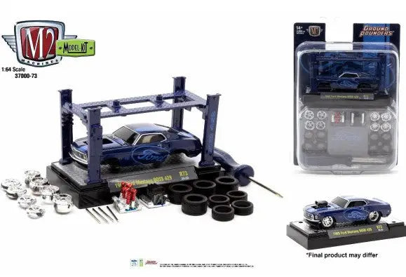 M2 Machines 1:64 Model Kit Release featuring a blue Ford Mustang Boss with customizable parts