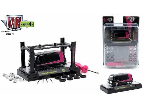 Black and pink toy van with accessories from M2 Machines Model Kit Release 76 Ford Econoline Van