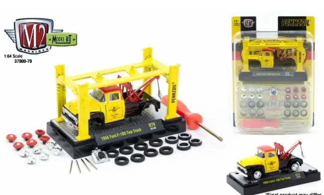 Collectible 1:64 scale Ford F-100 Tow Truck model kit release with display lift and tools