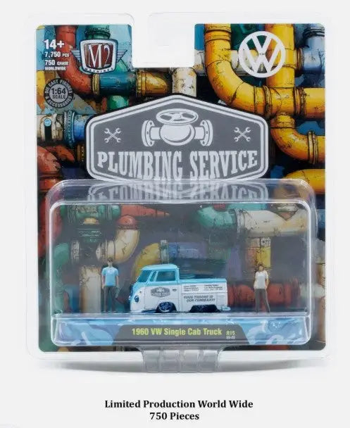 Collectible die-cast 1960 VW single cab truck with plumbing service theme and figures