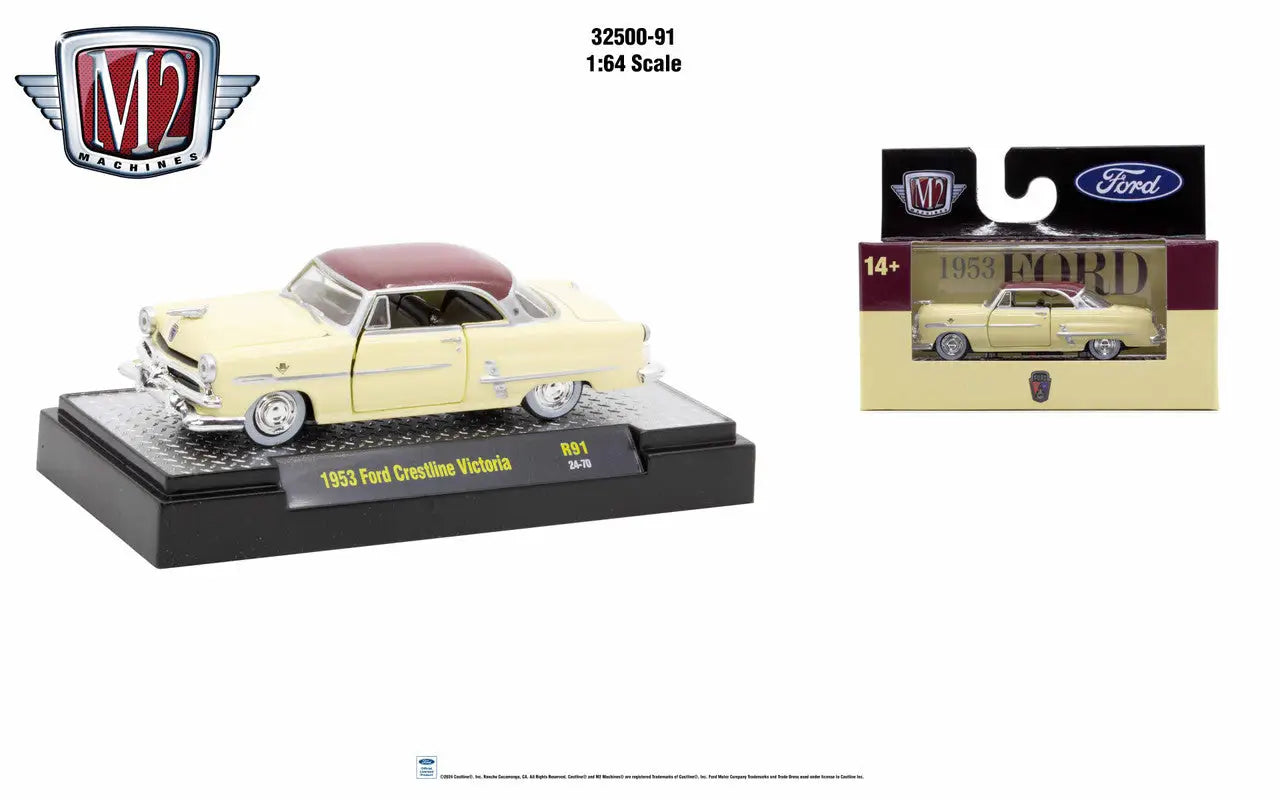 Yellow and white 1953 Ford Crestline Victoria die-cast from M2 Machines Auto Authentic Rel