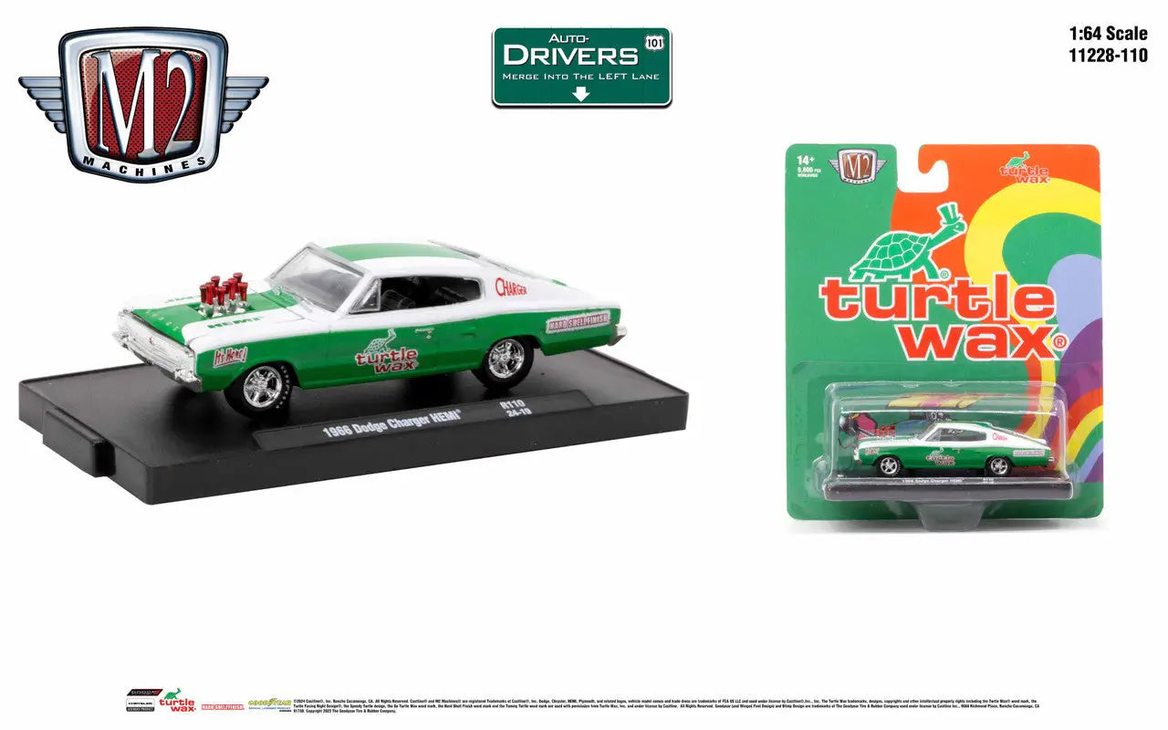 Green and white 1966 Plymouth Barracuda die-cast model with Turtle Wax branding
