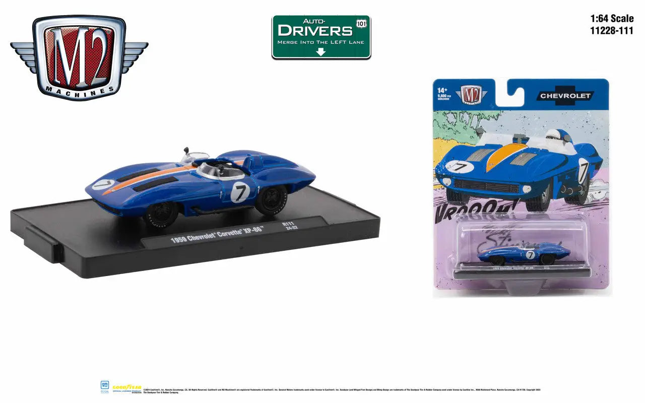 Blue vintage Chevrolet Corvette model with orange stripes from M2 Machines Auto series