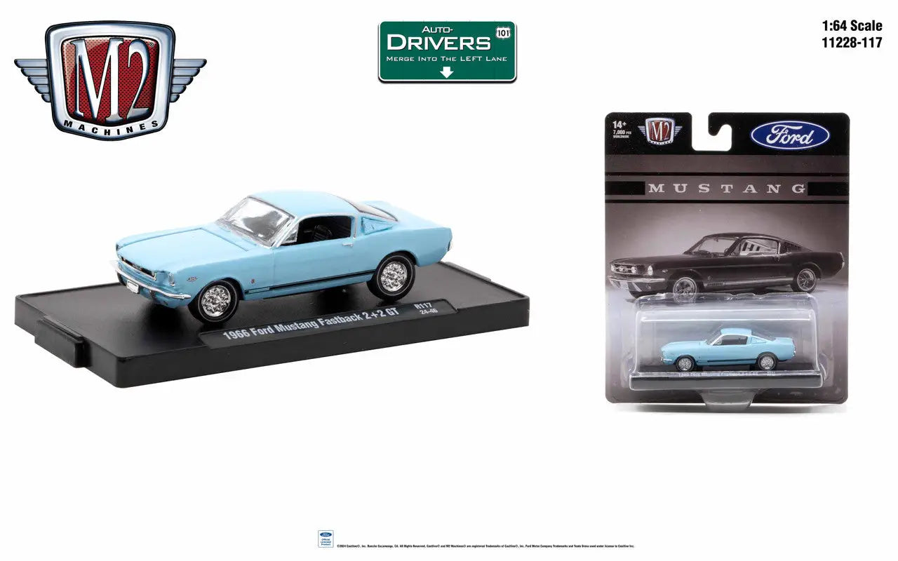 Light blue 1966 Ford Mustang Fastback die-cast model from M2 Machines Auto-Drivers