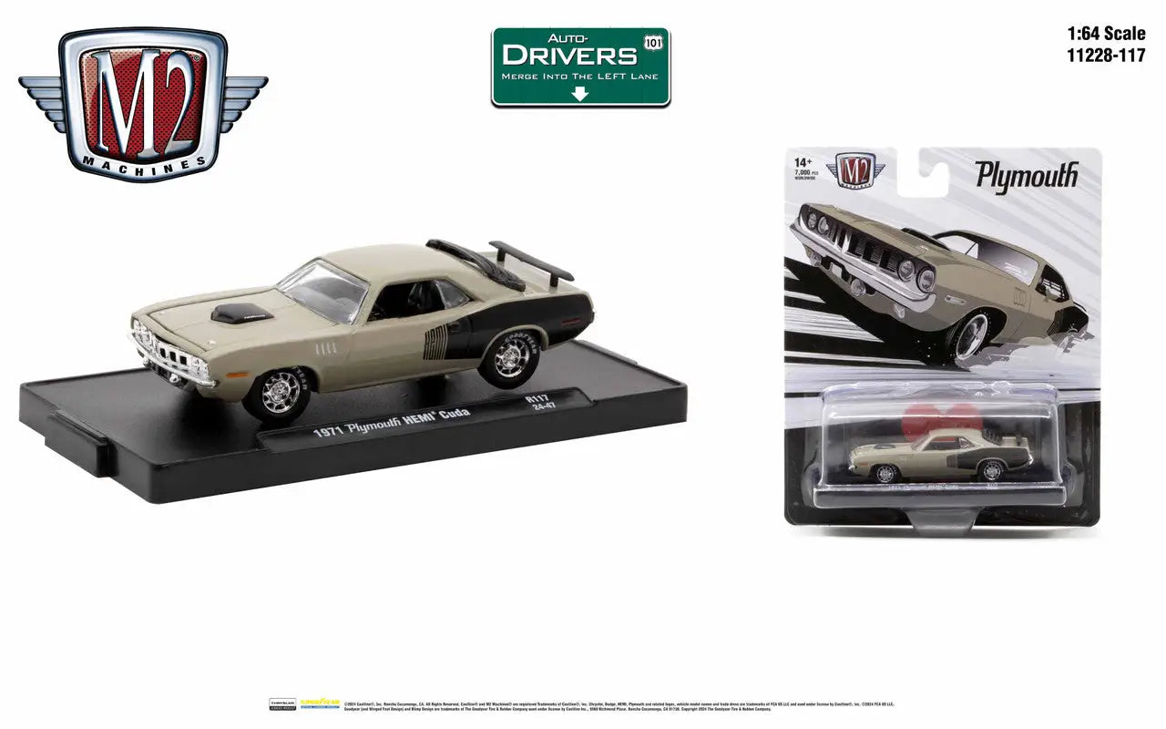 1971 Plymouth HEMI Cuda die-cast model in silver/beige on black stand, M2 Machines Auto-Drivers