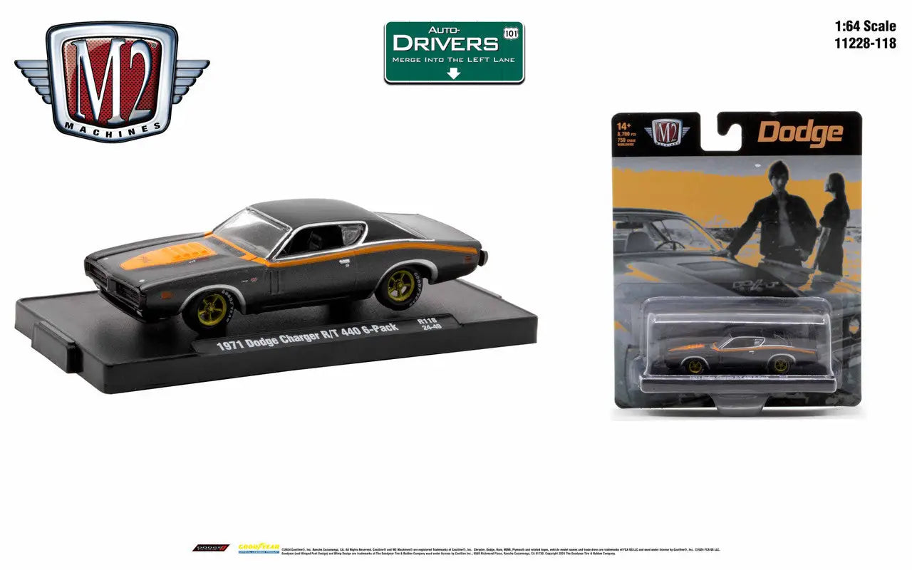 Black and copper 1971 Dodge Charger R/T die-cast model car from M2 Machines Auto