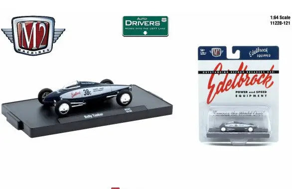 Black vintage racing car model R121 Belly Tanker with streamlined design and exposed wheels