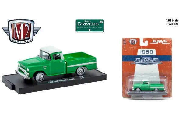 Green and white 1959 GMC Fleetside truck toy from M2 Machines Auto-Drivers collection