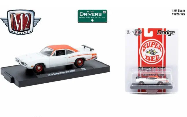 White and orange toy car from M2 Machines Dodge Super Bee HEMI series