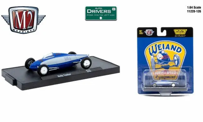 Blue and silver streamlined M2 Machines R126 Belly Tanker toy car on display stand